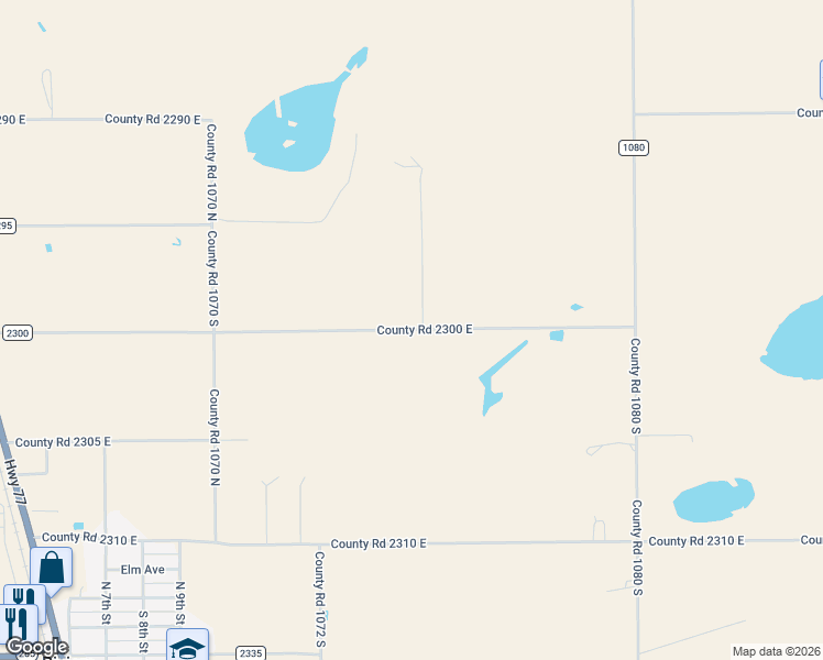 map of restaurants, bars, coffee shops, grocery stores, and more near 335 County Road 2300 East in Riviera