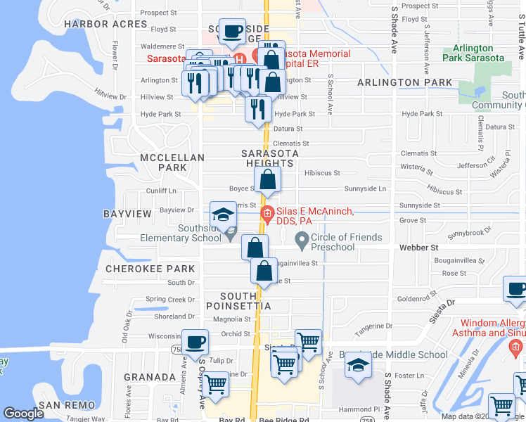 map of restaurants, bars, coffee shops, grocery stores, and more near South Tamiami Trail in Sarasota