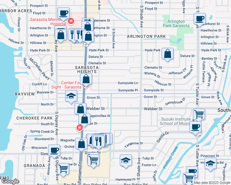 map of restaurants, bars, coffee shops, grocery stores, and more near 2220 Sunnyside Place in Sarasota