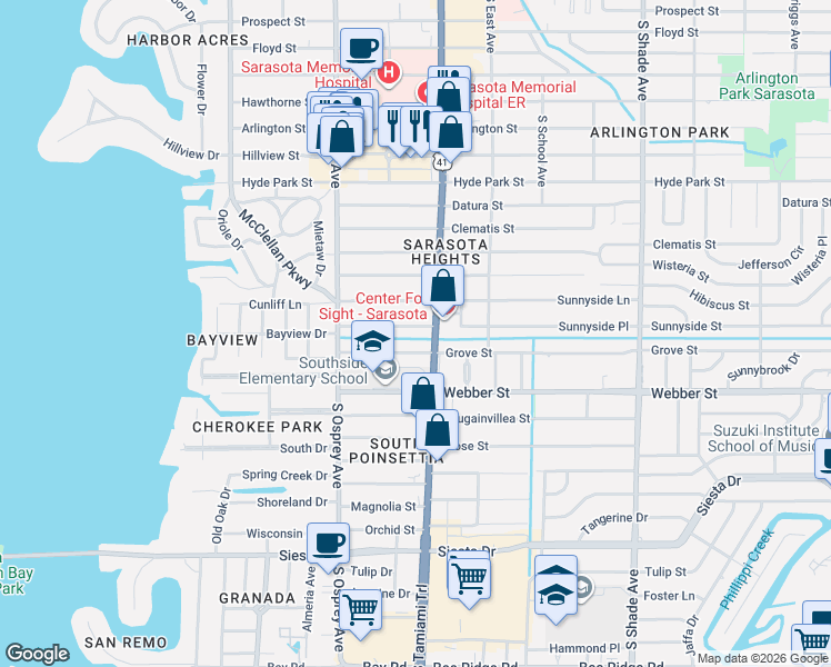 map of restaurants, bars, coffee shops, grocery stores, and more near 2540 South Tamiami Trail in Sarasota