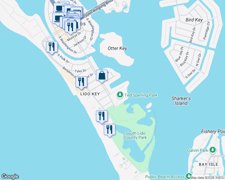 map of restaurants, bars, coffee shops, grocery stores, and more near 445 McKinley Drive in Sarasota