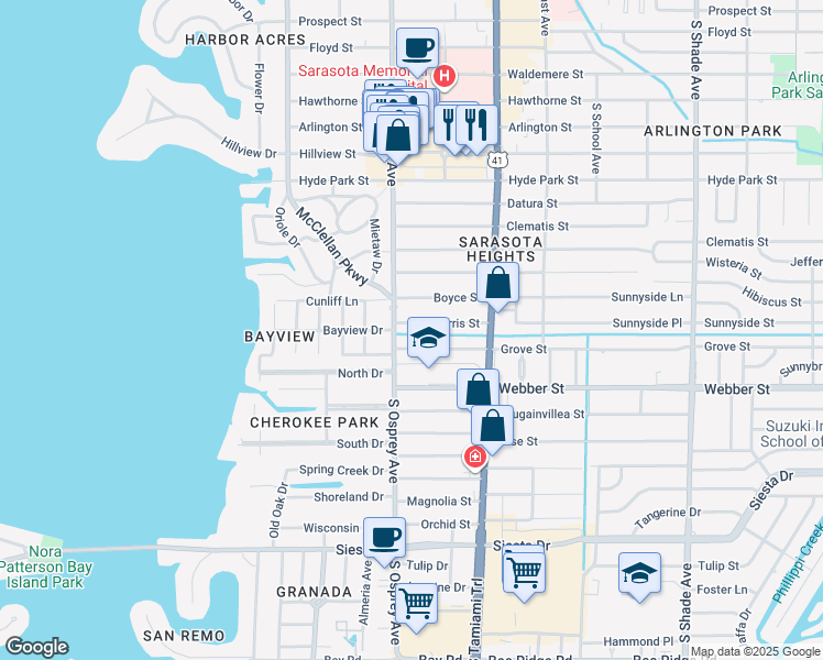 map of restaurants, bars, coffee shops, grocery stores, and more near 1834 Morris St in Sarasota