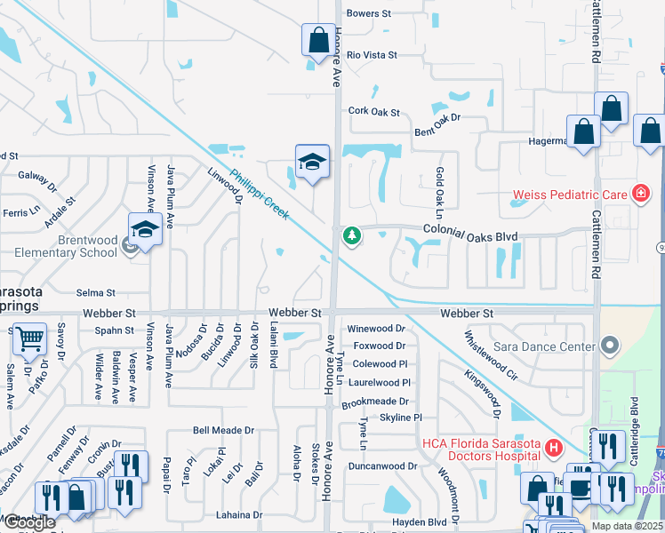 map of restaurants, bars, coffee shops, grocery stores, and more near 2010 Honore Avenue in Sarasota