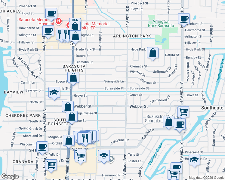 map of restaurants, bars, coffee shops, grocery stores, and more near 2304 Sunnyside Place in Sarasota