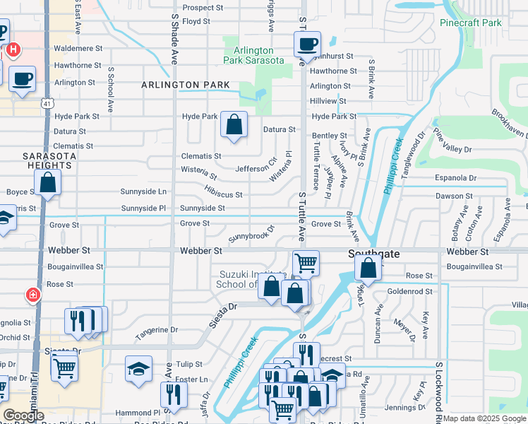 map of restaurants, bars, coffee shops, grocery stores, and more near 2618 Sunnyside Street in Sarasota