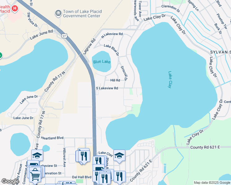 map of restaurants, bars, coffee shops, grocery stores, and more near 610 South Lakeview Road in Lake Placid