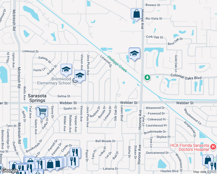 map of restaurants, bars, coffee shops, grocery stores, and more near 2530 Linwood Drive in Sarasota