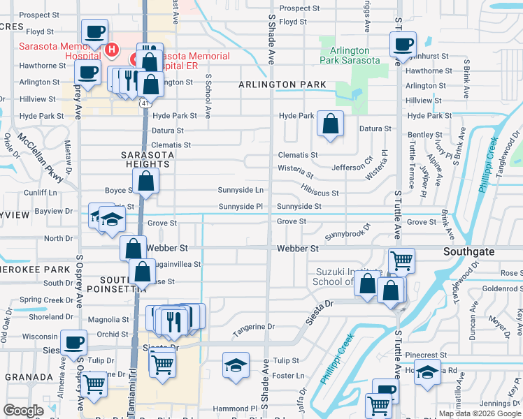map of restaurants, bars, coffee shops, grocery stores, and more near 2342 Sunnyside Place in Sarasota
