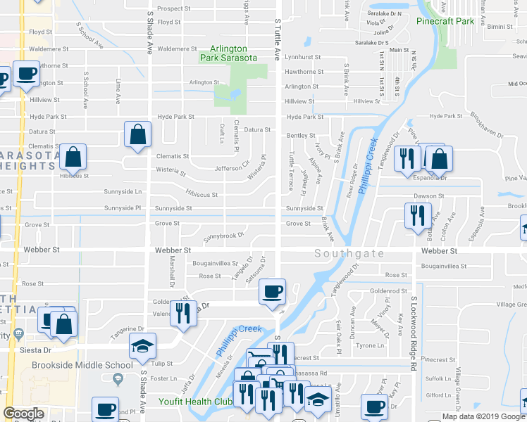 map of restaurants, bars, coffee shops, grocery stores, and more near 2716 Sunnyside Street in Sarasota