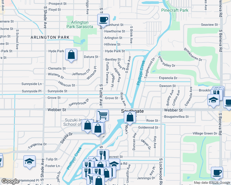 map of restaurants, bars, coffee shops, grocery stores, and more near 2918 Sunnyside Street in Sarasota