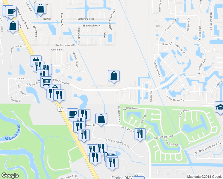 map of restaurants, bars, coffee shops, grocery stores, and more near Savanna Club Boulevard in Port Saint Lucie