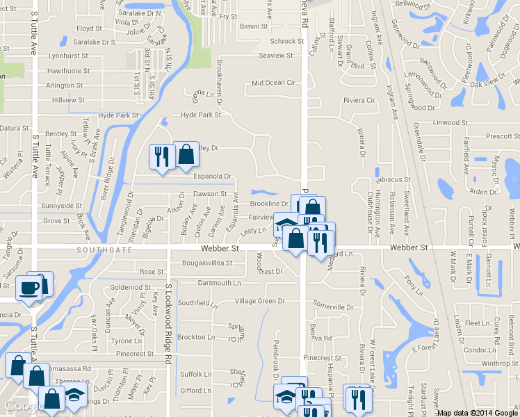 map of restaurants, bars, coffee shops, grocery stores, and more near 3450 Brookline Drive in Sarasota