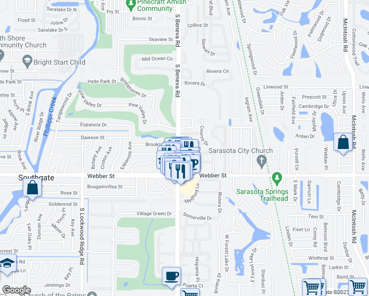 map of restaurants, bars, coffee shops, grocery stores, and more near 3609 Tin Cup Boulevard in Sarasota
