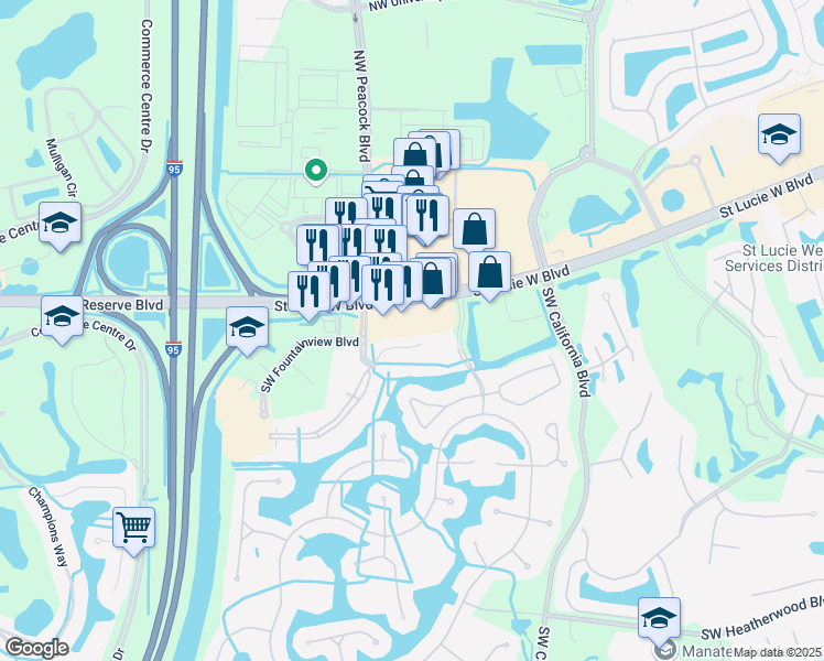 map of restaurants, bars, coffee shops, grocery stores, and more near 1782 Saint Lucie West Boulevard in Port St. Lucie