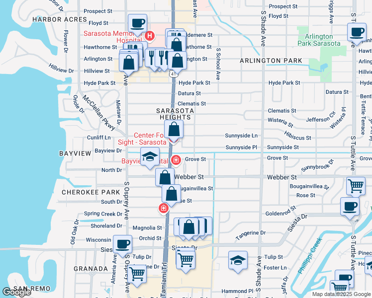 map of restaurants, bars, coffee shops, grocery stores, and more near 2060 Sunnyside Terrace in Sarasota