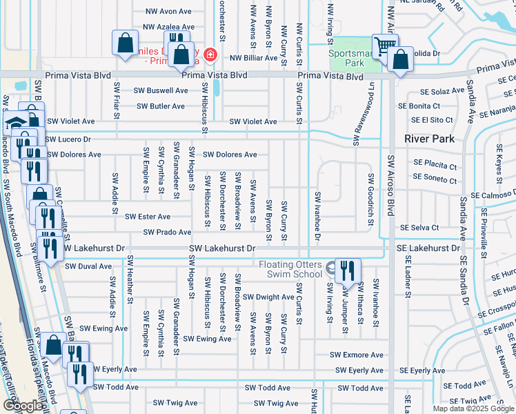 map of restaurants, bars, coffee shops, grocery stores, and more near 749 SW Avens St in Port St Lucie