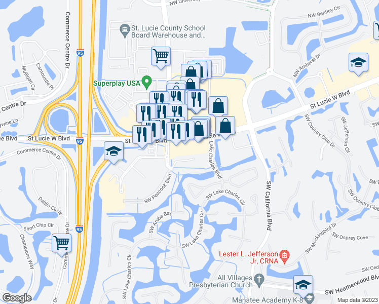 map of restaurants, bars, coffee shops, grocery stores, and more near 1782 Saint Lucie West Boulevard in Port St. Lucie