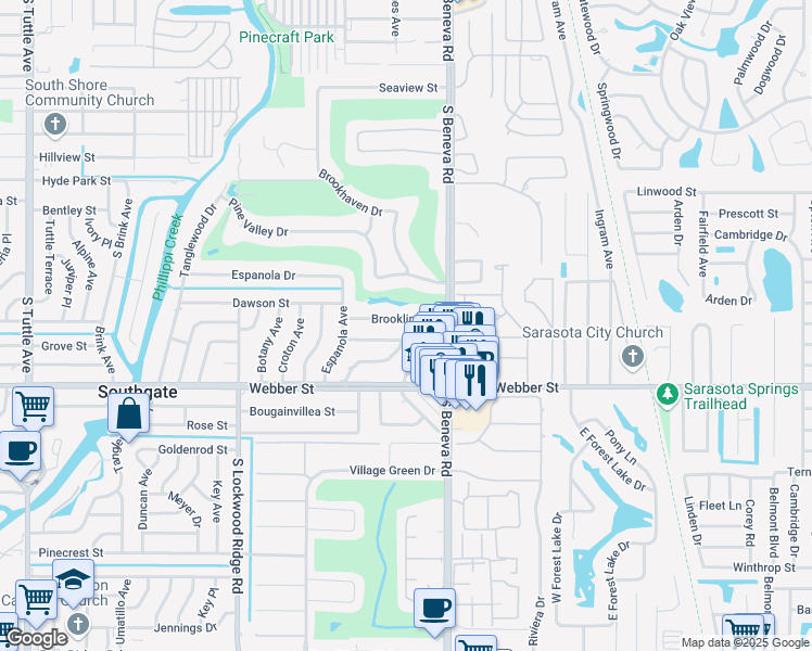 map of restaurants, bars, coffee shops, grocery stores, and more near 3512 Brookline Drive in Sarasota
