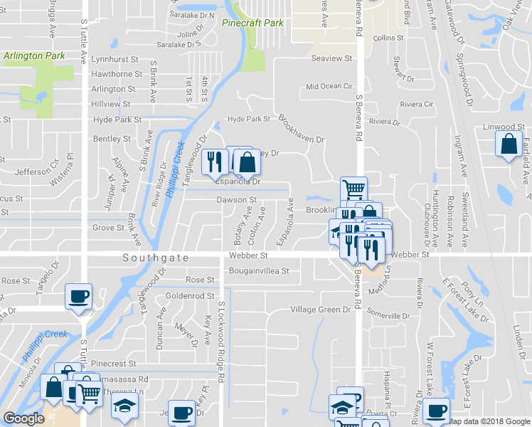 map of restaurants, bars, coffee shops, grocery stores, and more near 2521 Croton Avenue in Sarasota