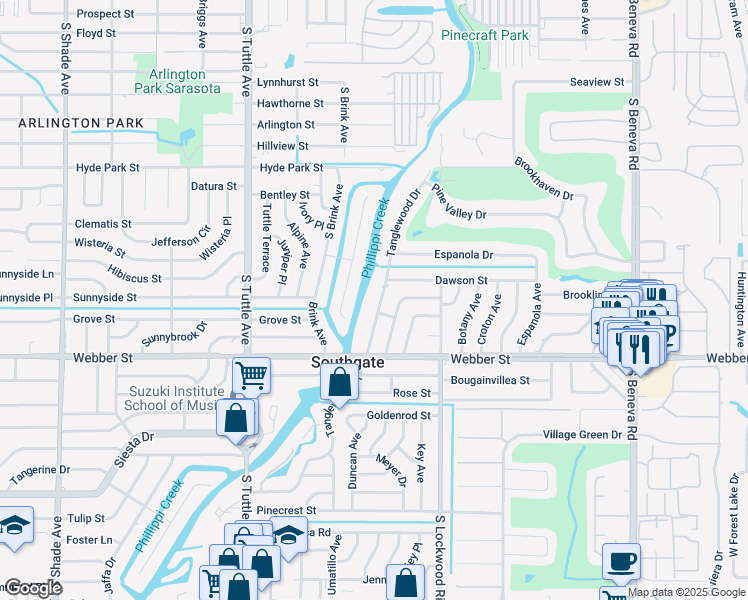 map of restaurants, bars, coffee shops, grocery stores, and more near 2504 Tanglewood Drive in Sarasota