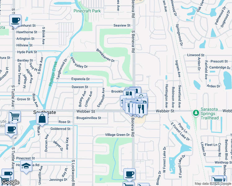 map of restaurants, bars, coffee shops, grocery stores, and more near 3450 Brookline Drive in Sarasota