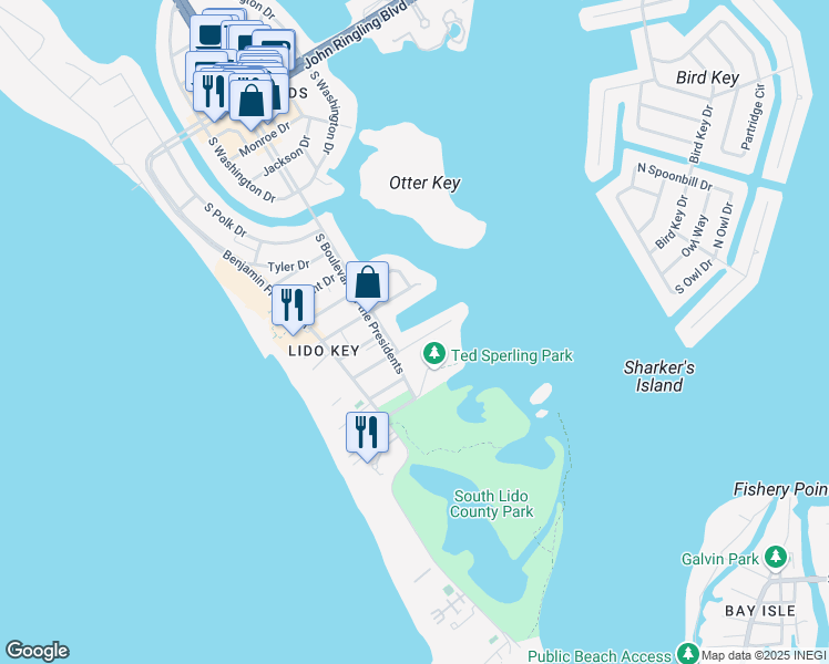 map of restaurants, bars, coffee shops, grocery stores, and more near 445 McKinley Drive in Sarasota