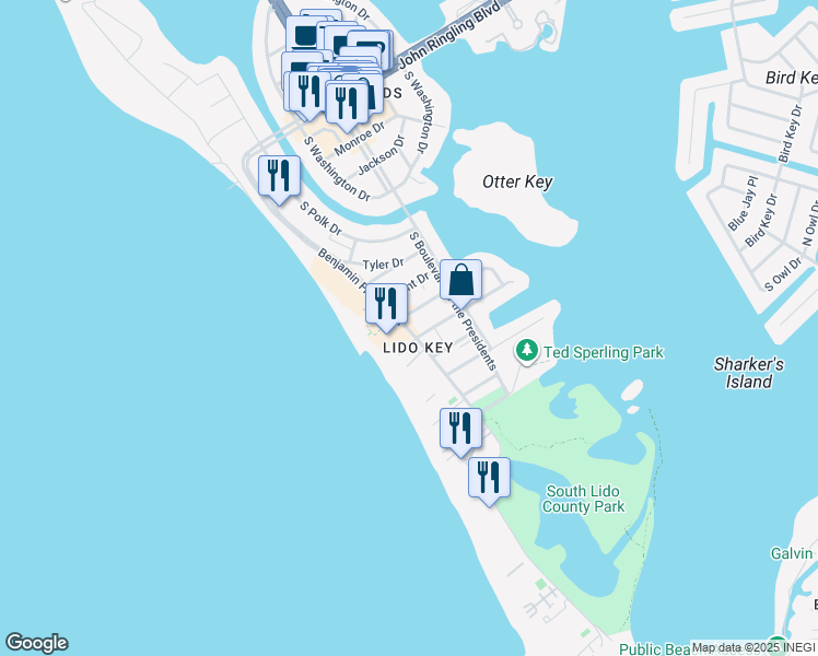 map of restaurants, bars, coffee shops, grocery stores, and more near 700 Benjamin Franklin Drive in Sarasota