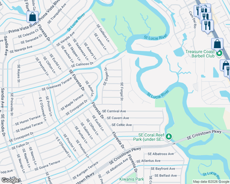 map of restaurants, bars, coffee shops, grocery stores, and more near 760 Southeast Hollahan Avenue in Port St. Lucie