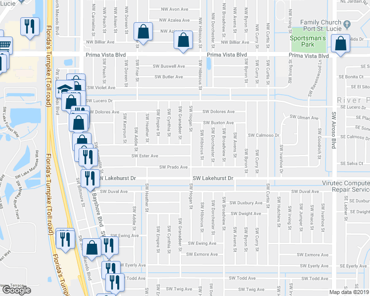 map of restaurants, bars, coffee shops, grocery stores, and more near 510 Southwest Colleen Avenue in Port St. Lucie