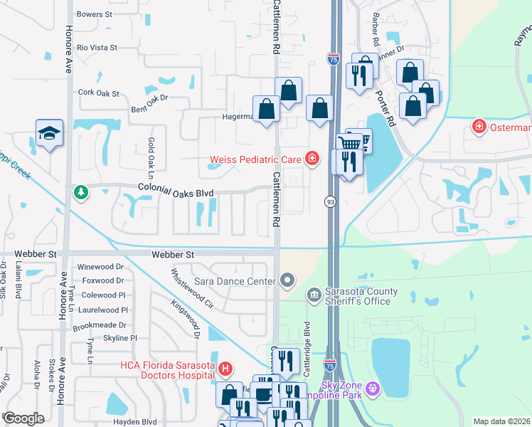 map of restaurants, bars, coffee shops, grocery stores, and more near 2462 Briar Oak Circle in Sarasota