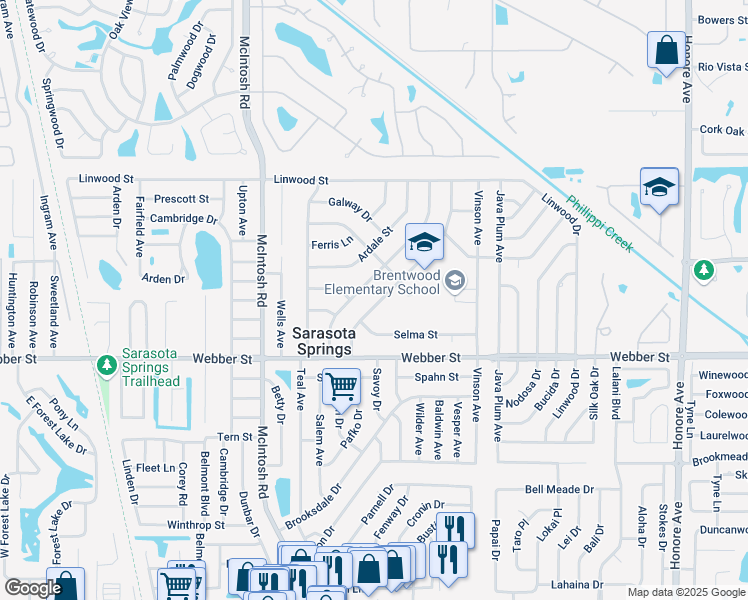 map of restaurants, bars, coffee shops, grocery stores, and more near 2532 Stratford Drive in Sarasota