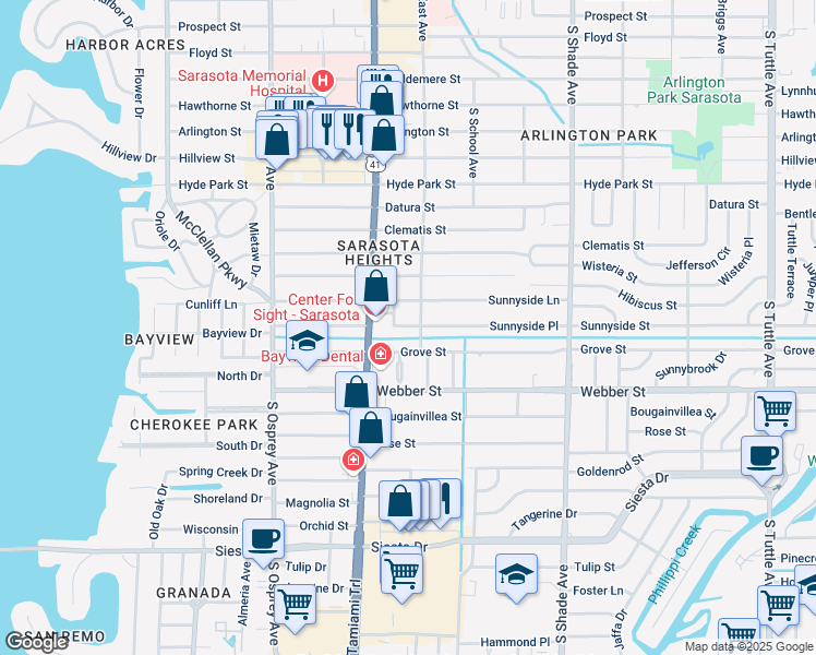 map of restaurants, bars, coffee shops, grocery stores, and more near 2060 Sunnyside Terrace in Sarasota