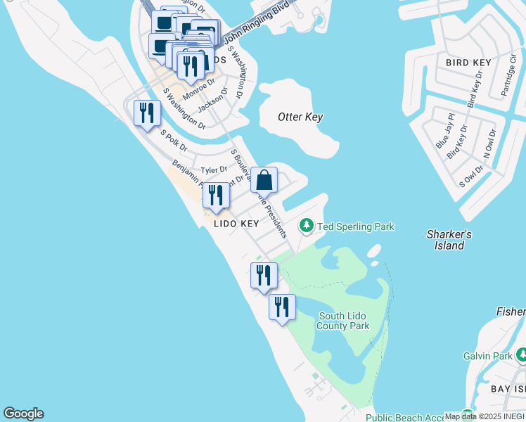 map of restaurants, bars, coffee shops, grocery stores, and more near 4 South Boulevard of the Presidents in Sarasota