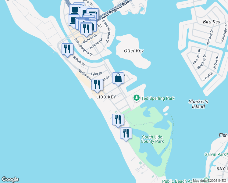 map of restaurants, bars, coffee shops, grocery stores, and more near 135 Cleveland Drive in Sarasota