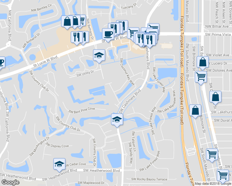 map of restaurants, bars, coffee shops, grocery stores, and more near 339 SW Maclay Way in Port St Lucie