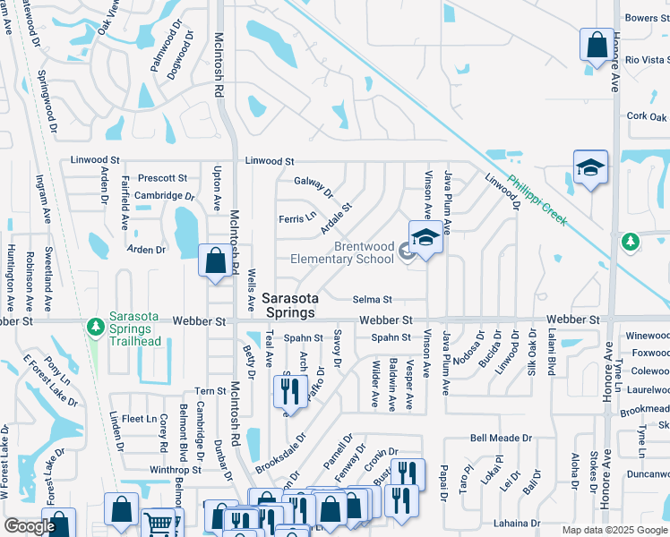 map of restaurants, bars, coffee shops, grocery stores, and more near 2532 Stratford Drive in Sarasota