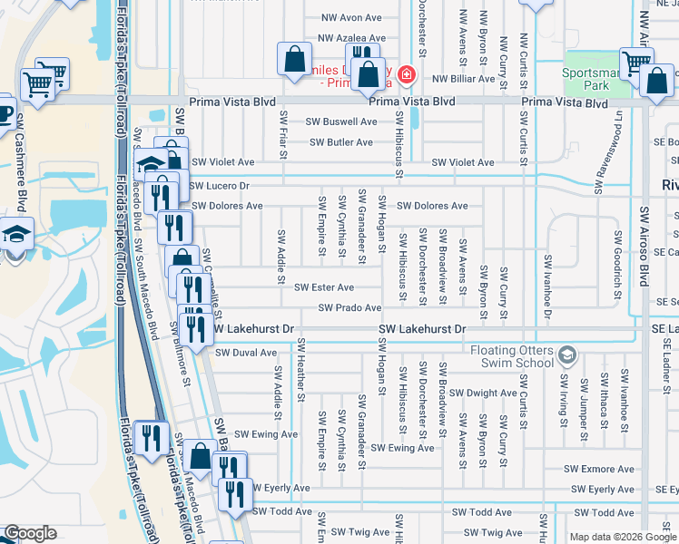 map of restaurants, bars, coffee shops, grocery stores, and more near 558 Southwest Colleen Avenue in Port St. Lucie