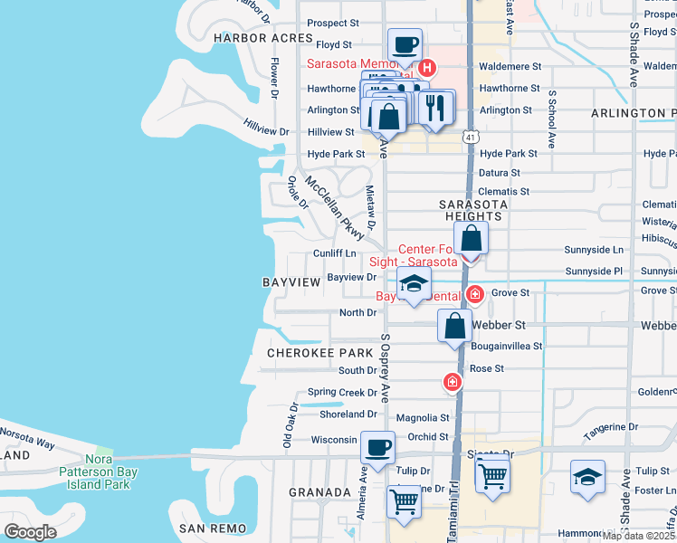 map of restaurants, bars, coffee shops, grocery stores, and more near 1717 Bayview Drive in Sarasota