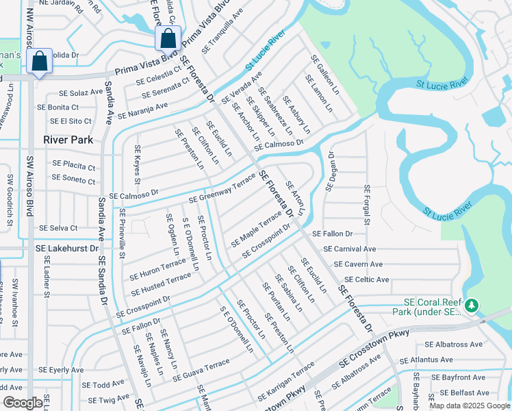 map of restaurants, bars, coffee shops, grocery stores, and more near 555 Southeast Sunnybrook Terrace in Port St. Lucie