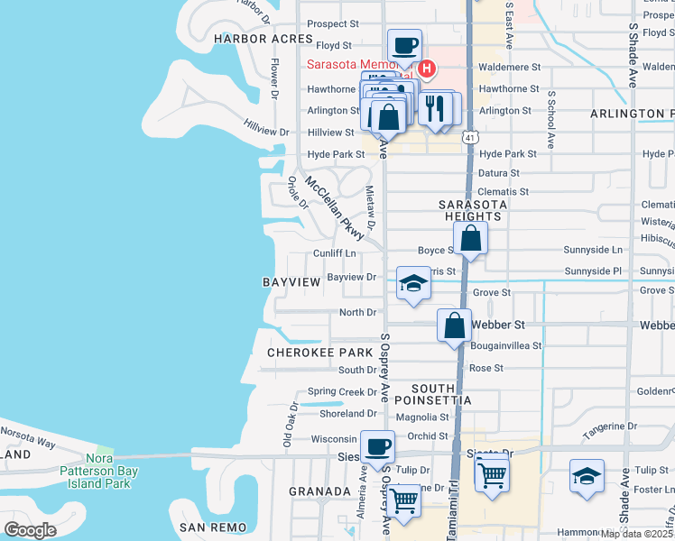 map of restaurants, bars, coffee shops, grocery stores, and more near 1717 Bayview Drive in Sarasota