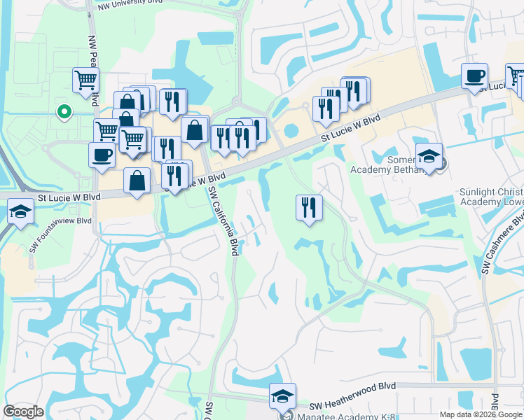 map of restaurants, bars, coffee shops, grocery stores, and more near 423 Southwest Fairway Landing in Port St. Lucie