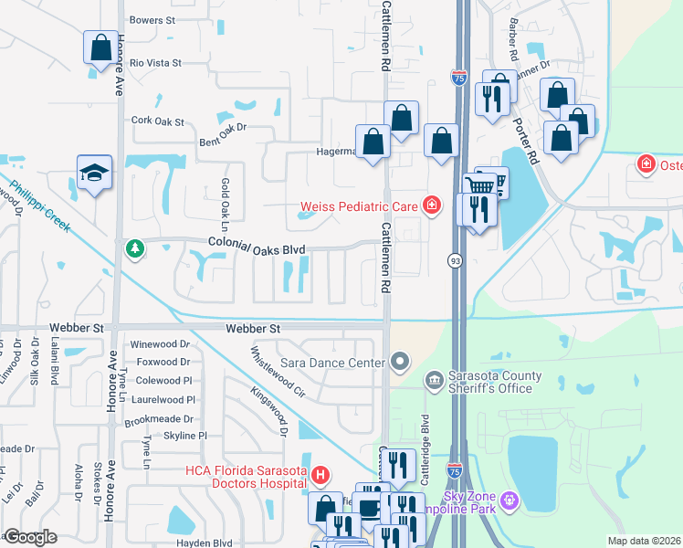 map of restaurants, bars, coffee shops, grocery stores, and more near 2440 East Burr Oak Court in Sarasota