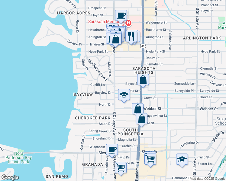 map of restaurants, bars, coffee shops, grocery stores, and more near 2535 Mulberry Terrace in Sarasota