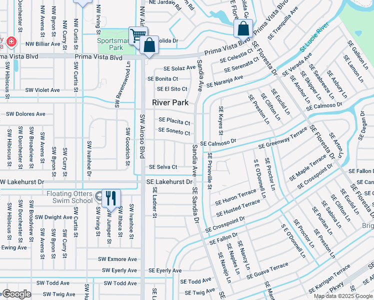 map of restaurants, bars, coffee shops, grocery stores, and more near 825 Southeast Corto Court in Port St. Lucie