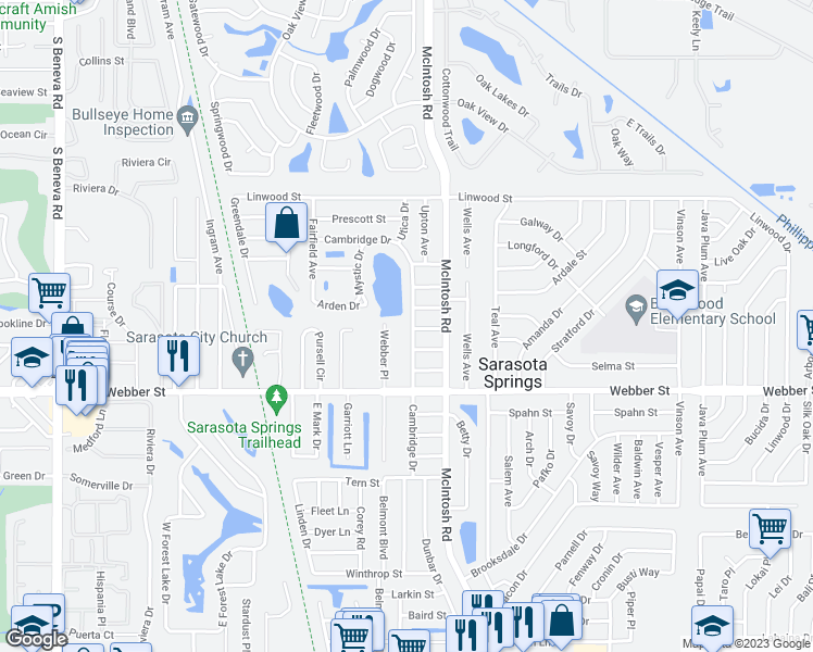 map of restaurants, bars, coffee shops, grocery stores, and more near 2438 Cambridge Drive in Sarasota