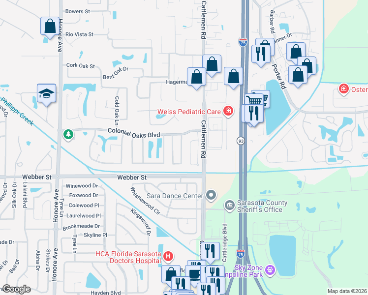 map of restaurants, bars, coffee shops, grocery stores, and more near 2440 East Burr Oak Court in Sarasota