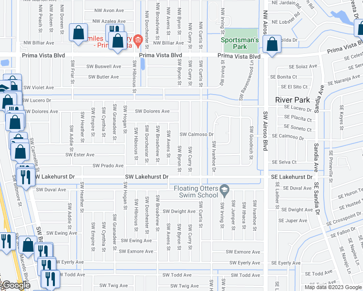 map of restaurants, bars, coffee shops, grocery stores, and more near 725 Southwest Byron Street in Port St. Lucie