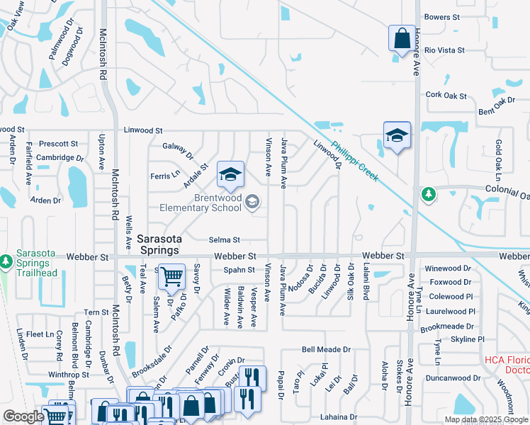 map of restaurants, bars, coffee shops, grocery stores, and more near 2500 Vinson Avenue in Sarasota