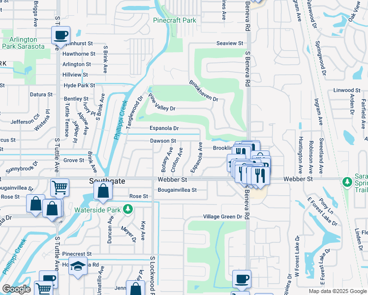 map of restaurants, bars, coffee shops, grocery stores, and more near 2521 Croton Avenue in Sarasota
