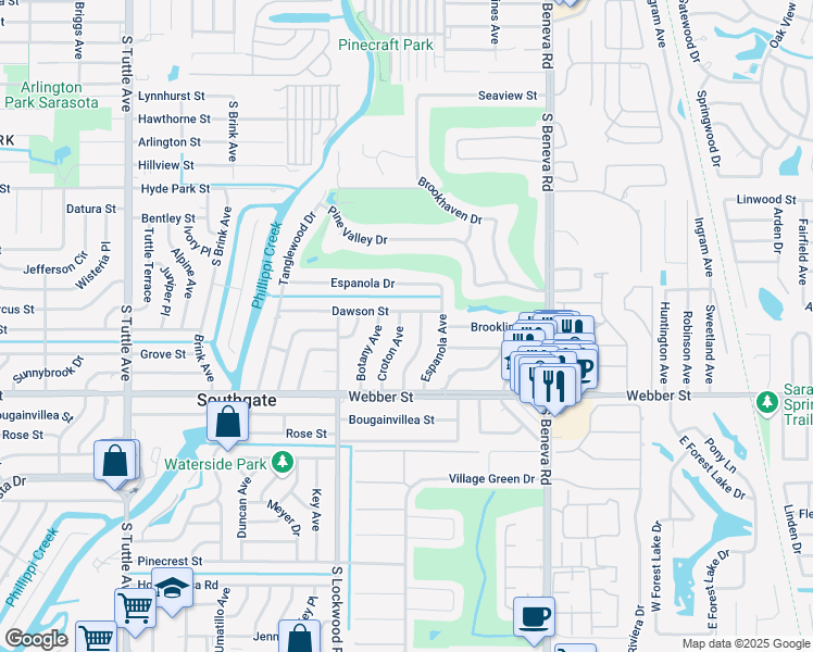 map of restaurants, bars, coffee shops, grocery stores, and more near 2521 Croton Avenue in Sarasota